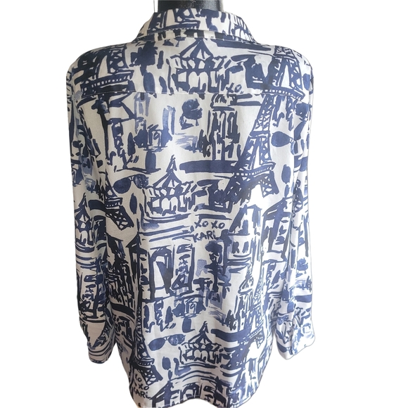 Karl Lagerfeld Blue and White Abstract Paris Button Front Shirt L - Picture 6 of 7